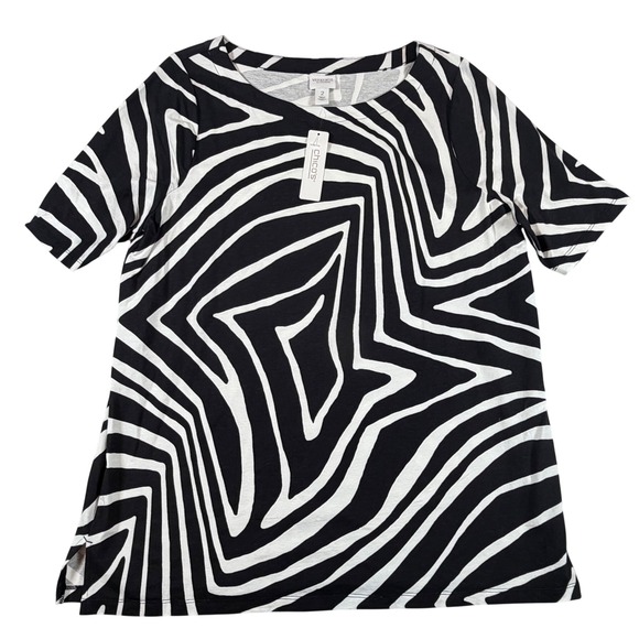 Chico's Tops - Chicos Weekends Zebra Play Boat Neck Elbow Sleeve Tunic Top Black White Sz 2 (L)